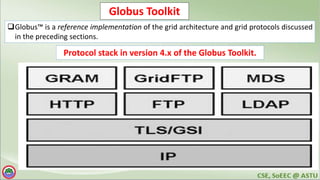 Globus Toolkit
Globus™ is a reference implementation of the grid architecture and grid protocols discussed
in the preceding sections.
Protocol stack in version 4.x of the Globus Toolkit.
 