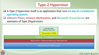 Hypervisor
 A Type 2 hypervisor itself is an application that runs on top of a traditional
operating system.
 VMware Player, Vmware Workstation, and Microsoft Virtual Server are
examples of Type 2hypervisors.
Type-2 Hypervisor
 