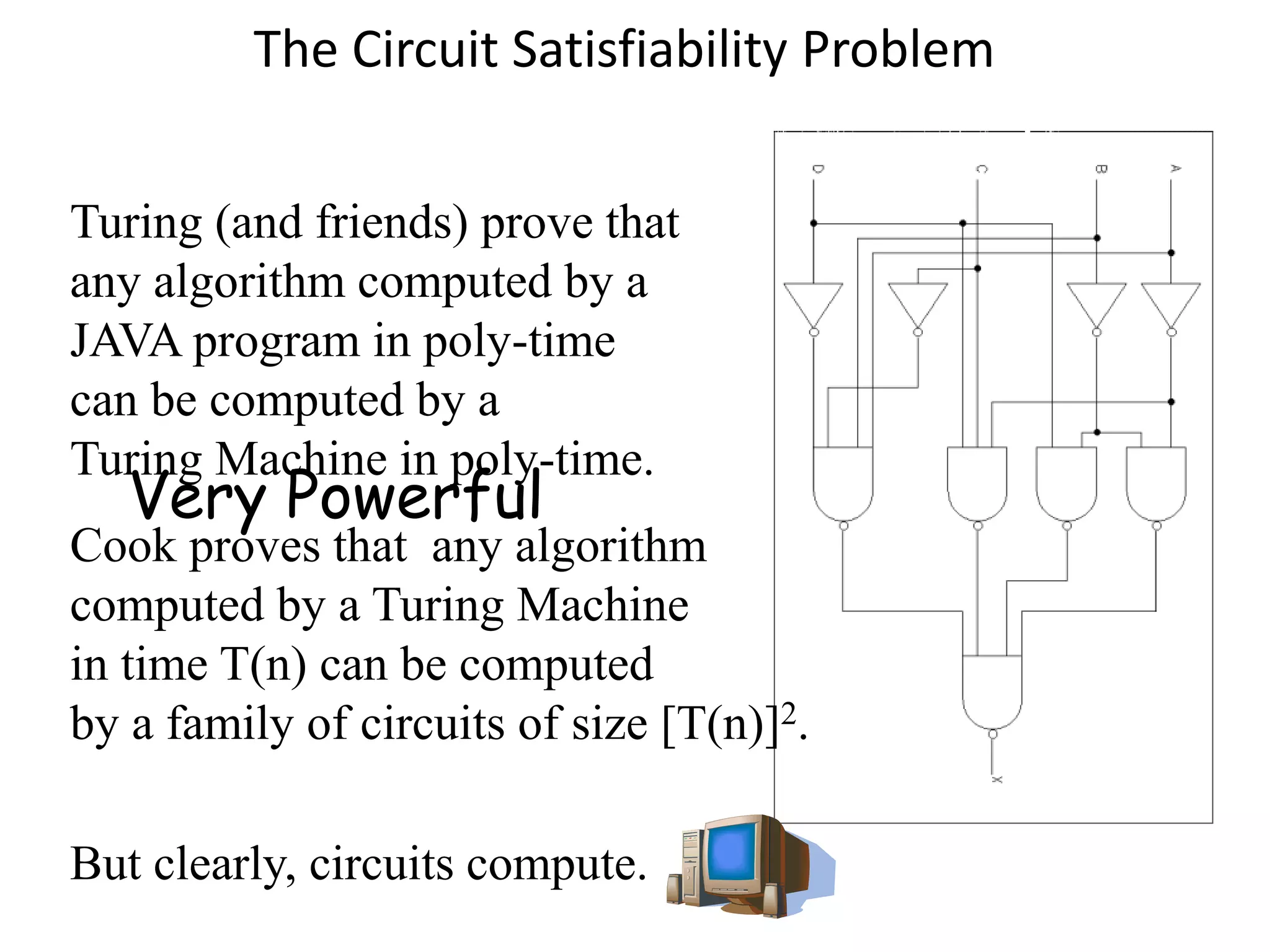 Very Powerful
Turing (and friends) prove that
any algorithm computed by a
JAVA program in poly-time
can be computed by a
Turing Machine in poly-time.
Cook proves that any algorithm
computed by a Turing Machine
in time T(n) can be computed
by a family of circuits of size [T(n)]2.
But clearly, circuits compute.
The Circuit Satisfiability Problem
 