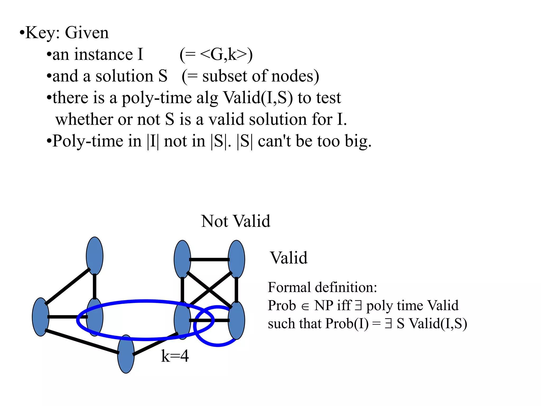 •Key: Given
•an instance I (= <G,k>)
•and a solution S (= subset of nodes)
•there is a poly-time alg Valid(I,S) to test
whether or not S is a valid solution for I.
•Poly-time in |I| not in |S|. |S| can't be too big.
k=4
Valid
Not Valid
Formal definition:
Prob  NP iff  poly time Valid
such that Prob(I) =  S Valid(I,S)
 