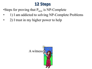 •Steps for proving that Pnew is NP-Complete
• 1) I am addicted to solving NP-Complete Problems
• 2) I trust in my higher power to help
A witness
12 Steps
 