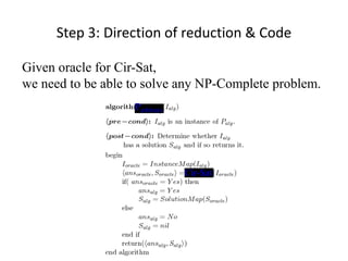 Step 3: Direction of reduction & Code
Given oracle for Cir-Sat,
we need to be able to solve any NP-Complete problem.
Cir-Sat
Parbitrary
 