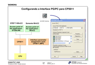 Configurando a Interface PG/PC para CP5611

STEP 7+WinCC

Somente WinCC

Access point of
the application:
S7ONLINE

Access point of
the application:
WinCC

CP5611

Interface parameter
assignment used:
CP5611 (MPI)

CPU

SIMATIC HMI

© Siemens AG 2007. All rights reserved.

Date:
File:

09.03.14
SWINCC_03e.15

SITRAIN Training for
Automation and Industrial Solutions

 