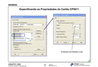 Especificando as Propriedades do Cartão CP5611

Endereço da Estação Local

SIMATIC HMI

© Siemens AG 2007. All rights reserved.

Date:
File:

09.03.14
SWINCC_03e.16

SITRAIN Training for
Automation and Industrial Solutions

 