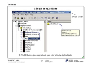 Código de Qualidade

WinCC em RT

O WinCC Runtime deve estar ativado para exibir o Código de Qualidade

SIMATIC HMI

© Siemens AG 2007. All rights reserved.

Date:
File:

09.03.14
SWINCC_03e.24

SITRAIN Training for
Automation and Industrial Solutions

 