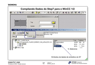 Compilando Dados do Step7 para o WinCC 1/2

2.

Q
I

Q
I

1. Selecione

Símbolos da tabela de simbólico do S7

SIMATIC HMI

© Siemens AG 2007. All rights reserved.

Date:
File:

09.03.14
SWINCC_03e.46

SITRAIN Training for
Automation and Industrial Solutions

 