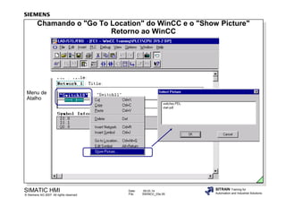Chamando o "Go To Location" do WinCC e o "Show Picture"
Retorno ao WinCC

Menu de
Atalho

SIMATIC HMI

© Siemens AG 2007. All rights reserved.

Date:
File:

09.03.14
SWINCC_03e.55

SITRAIN Training for
Automation and Industrial Solutions

 