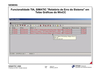 Funcionalidade TIA, SIMATIC "Relatório de Erro do Sistema" em
Telas Gráficas do WinCC

SIMATIC HMI

© Siemens AG 2007. All rights reserved.

Date:
File:

09.03.14
SWINCC_03e.59

SITRAIN Training for
Automation and Industrial Solutions

 