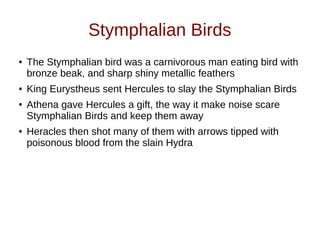 Stymphalian Birds
● The Stymphalian bird was a carnivorous man eating bird with
bronze beak, and sharp shiny metallic feathers
● King Eurystheus sent Hercules to slay the Stymphalian Birds
● Athena gave Hercules a gift, the way it make noise scare
Stymphalian Birds and keep them away
● Heracles then shot many of them with arrows tipped with
poisonous blood from the slain Hydra
 