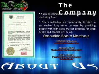 Th e
• A direct selling and onlinem p ads network
                   C o classified a n y
marketing firm.
• Offers individual an opportunity to start a
sustainable, long term business by providing
people with high value market products for good
health and general well being.
 