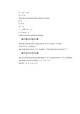 D = (-k) – 1
D = k -1
Akar-akar persamaan kuadrat tidak real, berarti :
D<0
k -1 <
k2 = 16
k = +√ ↔k = +
k = 4 atau k - -
Gambar akar-akar pada garis bilangan
Ambilah salah satu nilai k pada interval -4<k<4, misal k = 0 maka
k -1 -1 -1 adalah “-“
Jadi, tanda pada interval -4<k<4 adalah “-“ dan pada interval yang lain “+”
++ - - - ++
Interval yang memenuhi pertidaksaman k -1 < adalah interval -4<k<4. Bilangan
buat dalam interval ini adalah - , - , - , , , , .
Jadi HP - , - , - , , , , .
-
-
 