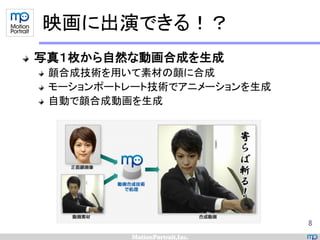 映画に出演できる！？
写真１枚から自然な動画合成を生成
 顔合成技術を用いて素材の顔に合成
 モーションポートレート技術でアニメーションを生成
 自動で顔合成動画を生成




                            8
 
