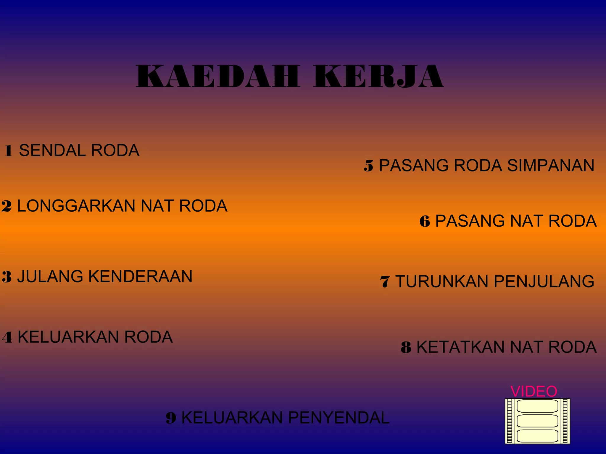 KAEDAH KERJA
1 SENDAL RODA
2 LONGGARKAN NAT RODA
3 JULANG KENDERAAN
4 KELUARKAN RODA
5 PASANG RODA SIMPANAN
6 PASANG NAT RODA
7 TURUNKAN PENJULANG
8 KETATKAN NAT RODA
9 KELUARKAN PENYENDAL
VIDEO
