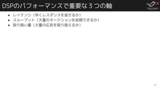 DSPのパフォーマンスで重要な３つの軸
● レイテンシ（早くレスポンスを返せるか）
● スループット（大量のオークションを処理できるか）
● 取り扱い量（大量の広告を取り扱えるか）
10
 