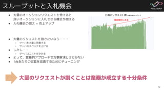 スループットと入札機会
● 大量のオークションリクエストを受けると
良いオークションに入札できる機会が増える
● 入札機会の増大 = 売上アップ
● 大量のリクエストを捌きたいなら・・・
○ サーバを大量に用意する
○ サーバのスペックを上げる
● しかし・・
○ サーバはコストがかかる
● よって、富豪的アプローチで万事解決とは行かない
● 1台あたりの収益を改善するためにチューニング
12
大量のリクエストが捌くことは業務が成立する十分条件
日毎のリクエスト数 ※軸の値は伏せてます
増加傾向にある
 