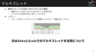 マルチスレッド
● 複数のタスクを同時に実行するための機能
○ 複数のタスクは別々のCPUに割り当てられる事がある
○ マルチCPUの性能を存分に使うことができる
● しかし…
○ スレッドを使ったプログラミングは複雑になりやすく、問題を起こしやすい
18
次はAkkaとScalaでのマルチスレッドを活用について
 