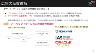 広告の品質維持
昨今、インターネット広告の品質問題が注目されている
● ブランドセーフティ - 不適切なメディアへの配信による広告主のブランド毀損の懸念がある
● アドフラウド(広告詐欺) - ネット広告の仕組みを悪用して広告主からお金を引き出す問題
漫画村等の違法サイトが話題の時にこれらも問題になり広告を掲載していた広告代理店等が炎上した
7
アドベリフィケーションの重要性が増す
DSP DB
ブランドセーフティ
API
アドフラウドAPI
URL/IPで問い合わせ
アドベリ関連のソリューションを提供している会社例
DSPによるアドベリの活用
 