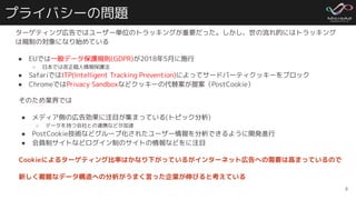 プライバシーの問題
ターゲティング広告ではユーザー単位のトラッキングが重要だった。しかし、世の流れ的にはトラッキング
は規制の対象になり始めている
● EUでは一般データ保護規則(GDPR)が2018年5月に施行
○ 日本では改正個人情報保護法
● SafariではITP(Intelligent Tracking Prevention)によってサードパーティクッキーをブロック
● ChromeではPrivacy Sandboxなどクッキーの代替案が提案（PostCookie）
8
そのため業界では
● メディア側の広告効果に注目が集まっている(トピック分析)
○ データを持つ会社との連携などが加速
● PostCookie技術などグループ化されたユーザー情報を分析できるように開発進行
● 会員制サイトなどログイン制のサイトの情報などをに注目
Cookieによるターゲティング比率はかなり下がっているがインターネット広告への需要は高まっているので
新しく複雑なデータ構造への分析がうまく言った企業が伸びると考えている
 