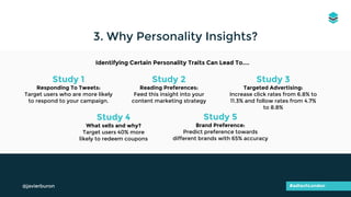 3. Why Personality Insights?
#adtechLondon@javierburon
Identifying Certain Personality Traits Can Lead To....
Study 1
Responding To Tweets:
Target users who are more likely
to respond to your campaign.
Study 2
Reading Preferences:
Feed this insight into your
content marketing strategy
Study 3
Targeted Advertising:
Increase click rates from 6.8% to
11.3% and follow rates from 4.7%
to 8.8%
Study 4
What sells and why?
Target users 40% more
likely to redeem coupons
Study 5
Brand Preference:
Predict preference towards
different brands with 65% accuracy
 