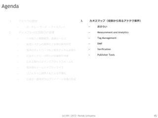 (cc) BY - 2013 - Noriaki Uchiyama.
Agenda
3. カオスマップ（役割から見るアドテク業界）
– おさらい
– Measurement and Analytics
– Tag Management
– DMP
– Verification
– Publisher Tools
15
 