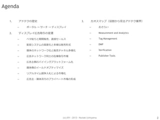 (cc) BY - 2013 - Noriaki Uchiyama.
Agenda
1. アドテクの歴史
– ポータル → サーチ → ディスプレイ
2. ディスプレイ広告取引の変遷
– ベタ貼りと期間販売、直接セールス
– 配信システムの高度化と多様な販売形式
– 媒体のネットワーク化と販売チャネル多様化
– 広告ネットワーク同士の在庫取引市場
– 広告主側のバイイングプラットフォーム化
– 媒体側のイールドオプティマイズ
– リアルタイム競争入札による市場化
– 広告主・媒体双方のプライベート市場の形成
2
3. カオスマップ（役割から見るアドテク業界）
– おさらい
– Measurement and Analytics
– Tag Management
– DMP
– Verification
– Publisher Tools
 