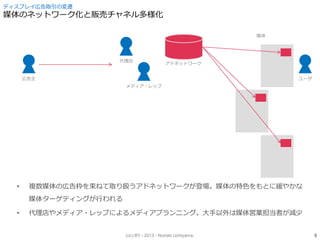 (cc) BY - 2013 - Noriaki Uchiyama.
ディスプレイ広告取引の変遷
媒体のネットワーク化と販売チャネル多様化
• 複数媒体の広告枠を束ねて取り扱うアドネットワークが登場。媒体の特色をもとに緩やかな
媒体ターゲティングが行われる
• 代理店やメディア・レップによるメディアプランニング。大手以外は媒体営業担当者が減少
アドネットワーク
広告主
代理店
メディア・レップ
ユーザ
媒体
9
 