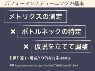 パフォーマンスチューニングの基本 
メトリクスの測定 
× ボトルネックの特定 
× 仮説を立てて調整 
を繰り返す (場当たり的な対応はNG) 
参考: http://www.atmarkit.co.jp/ait/articles/0501/29/news011.html 
 