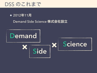 DSS のこれまで 
2012年11月 
Demand Side Science 株式会社設立 
Demand 
× Side 
× Science 
 