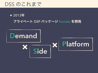 DSS のこれまで 
2013年 
プライベート DSP パッケージ fractale を開発 
Demand 
&times; Side 
&times; Platform 
 