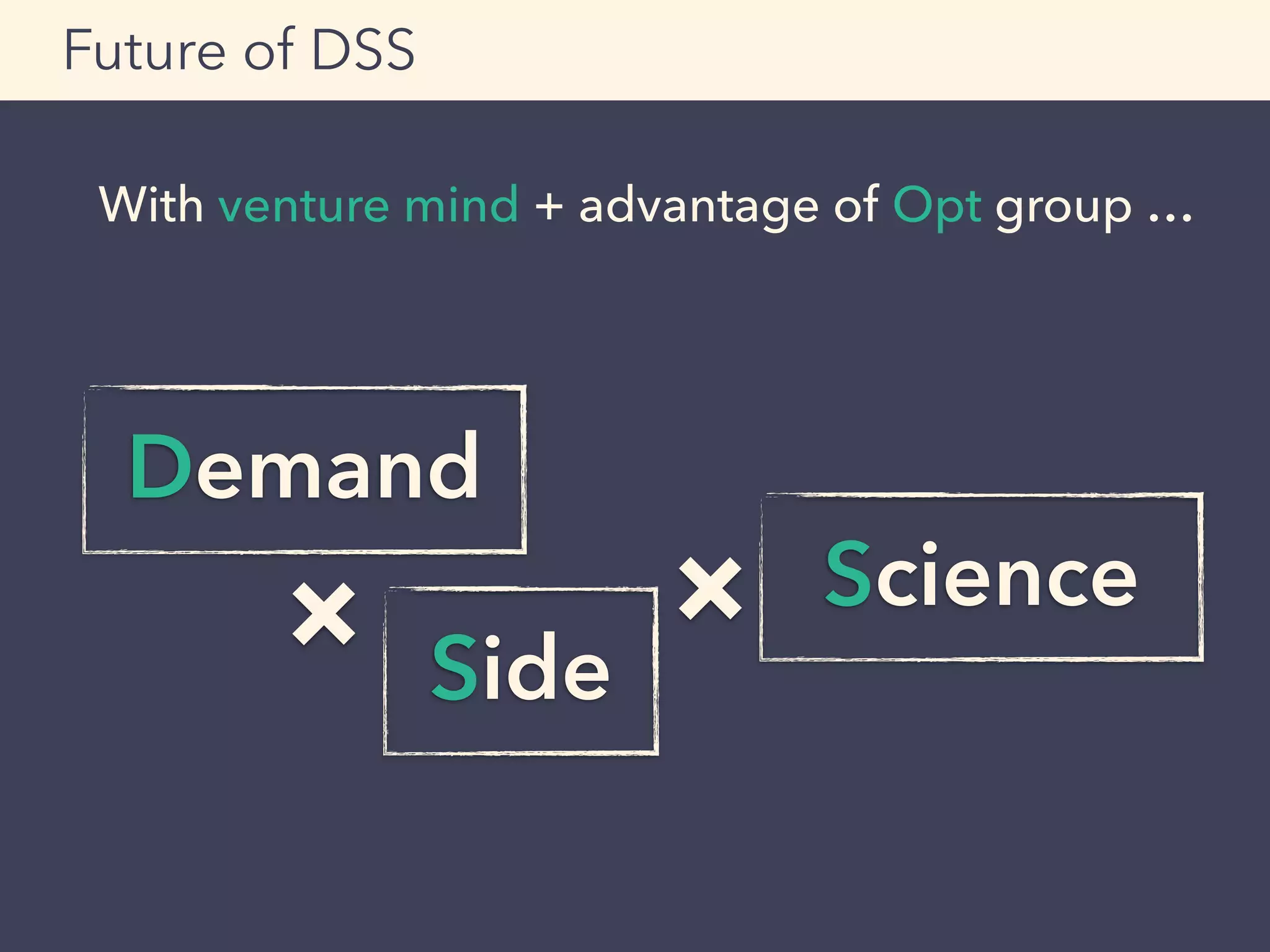 With venture mind + advantage of Opt group …
Future of DSS
Demand
×
Side
Science×
 