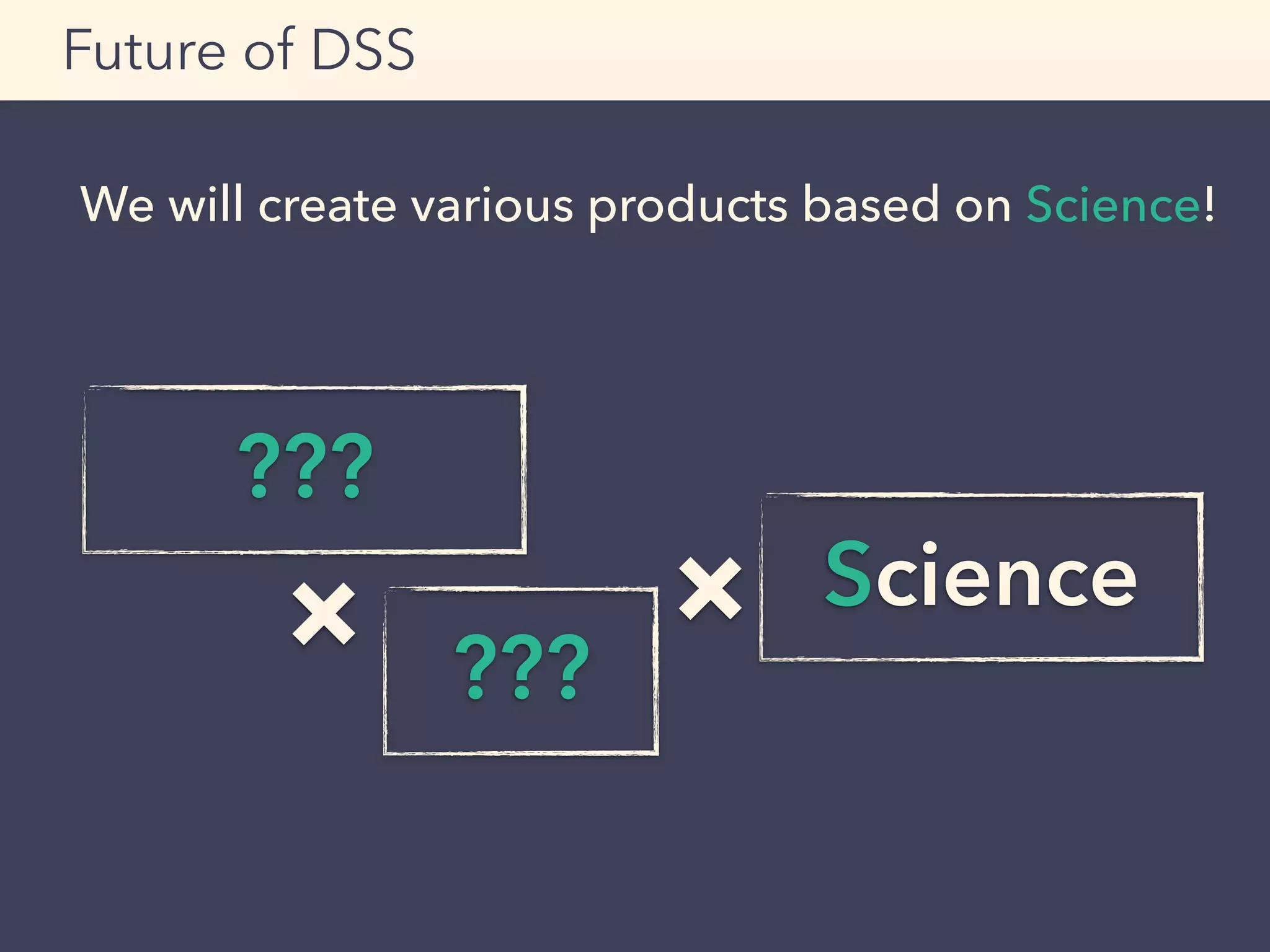 We will create various products based on Science!
Future of DSS
???
×
???
Science×
 