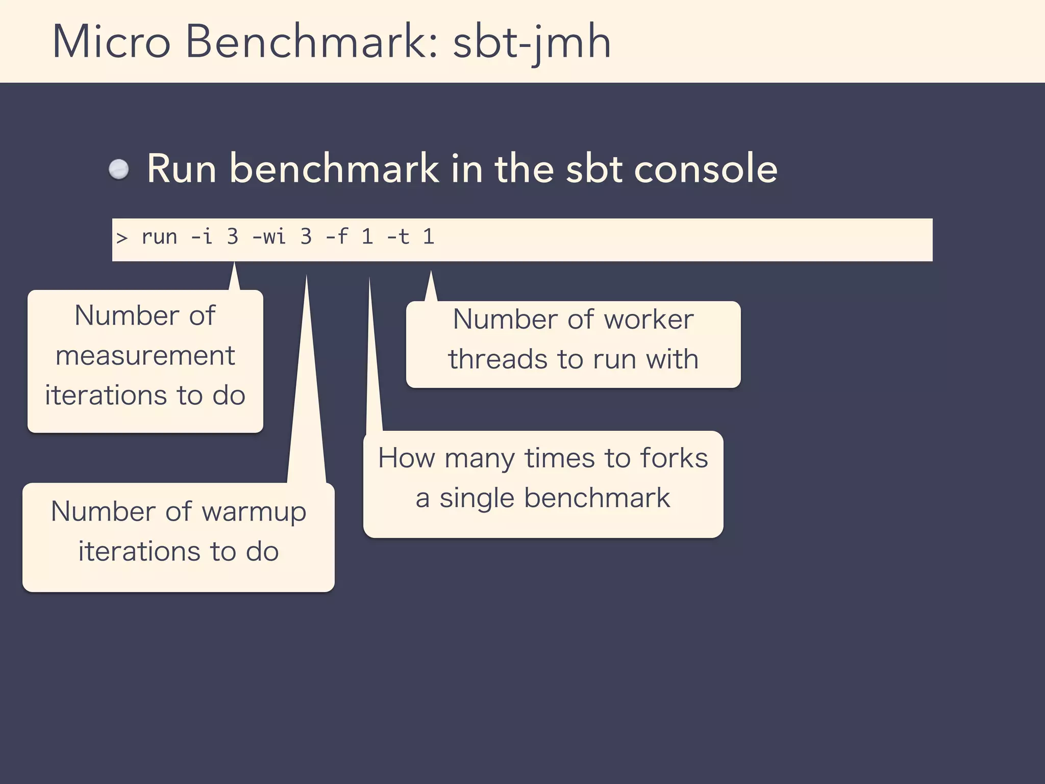 > run -i 3 -wi 3 -f 1 -t 1
Micro Benchmark: sbt-jmh
Run benchmark in the sbt console
Number of
measurement
iterations to do
Number of warmup
iterations to do
How many times to forks
a single benchmark
Number of worker
threads to run with
 