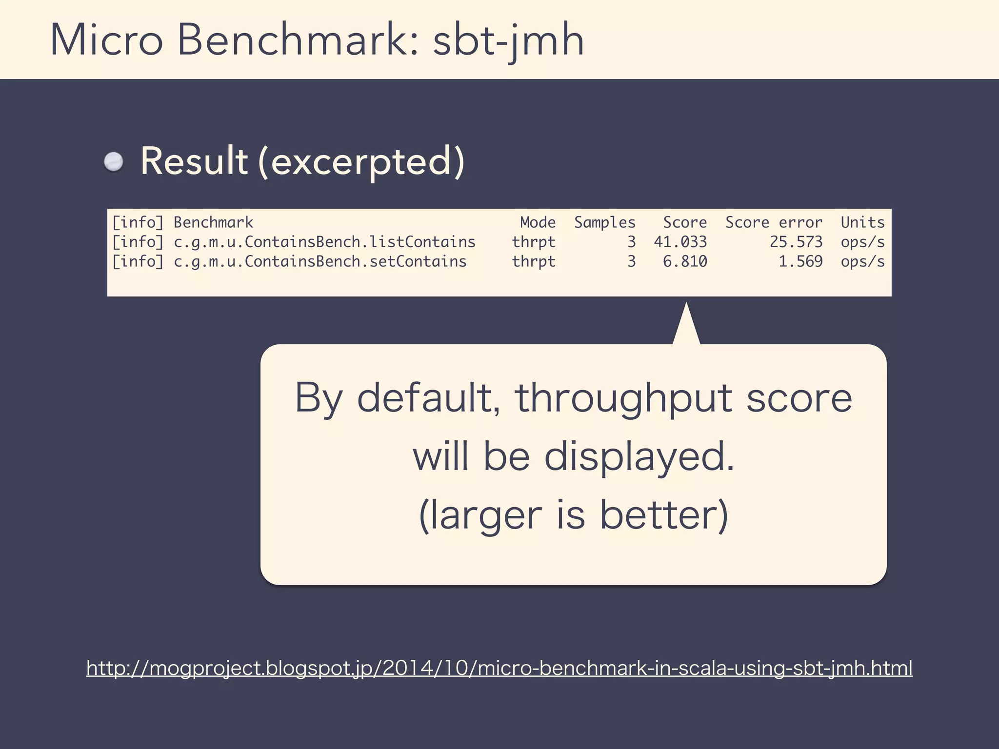 [info] Benchmark Mode Samples Score Score error Units
[info] c.g.m.u.ContainsBench.listContains thrpt 3 41.033 25.573 ops/s
[info] c.g.m.u.ContainsBench.setContains thrpt 3 6.810 1.569 ops/s
Micro Benchmark: sbt-jmh
Result (excerpted)
By default, throughput score
will be displayed.
(larger is better)
http://mogproject.blogspot.jp/2014/10/micro-benchmark-in-scala-using-sbt-jmh.html
 
