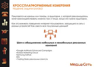 КРОССПЛАТФОРМЕННЫЕ ИЗМЕРЕНИЯ
РЕШЕНИЕ ЗАДАЧИ БЛИЗКО
Покупаются не каналы или показы, а аудитория, с которой рекламодатель
хочет взаимодействовать именно там и тогда, когда это нужно аудитории.
Как отслеживать поведение интернет-пользователя, заходящего в сеть с
разных устройств? Как свести все полученные данные?
Шаги к объединению мобильных и немобильных рекламных
кампаний
•Google AdWords Enhanced Campaigns
•Adobe Marketing Cloud
•Samsung AdHub
•DG
• Trading Desks рекламных агентств
 