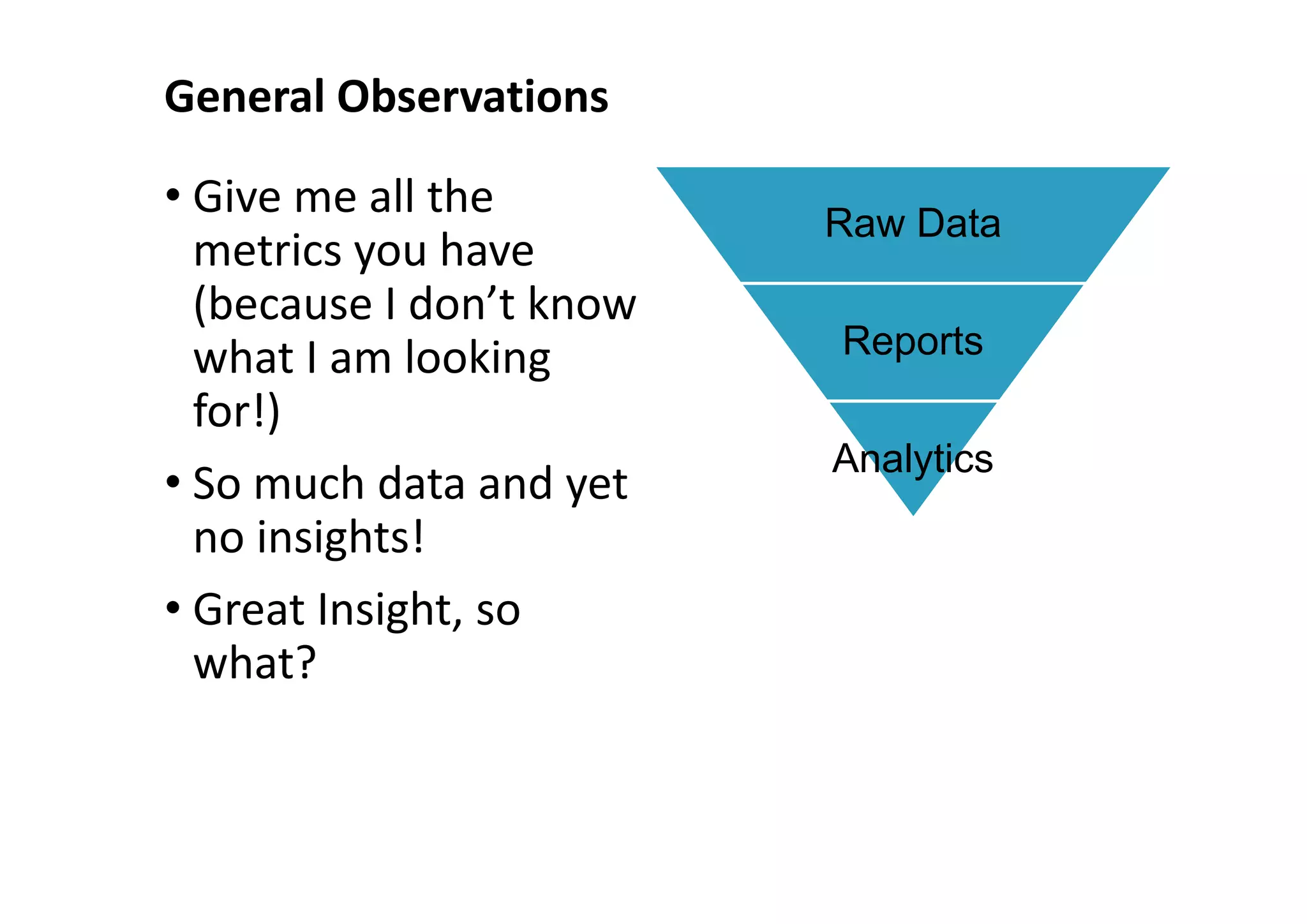 General Observations

• Give me all the
                          Raw Data
  metrics you have
  (because I don’t know
  what I am looking       Reports
  for!)
                          Analytics
• So much data and yet
  no insights!
• Great Insight, so
  what?
 