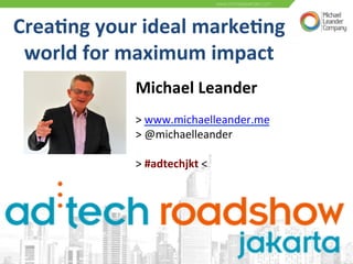Crea%ng	
  your	
  ideal	
  marke%ng	
  
world	
  for	
  maximum	
  impact	
  
Michael	
  Leander	
  	
  
	
  
>	
  www.michaelleander.me	
  	
  
>	
  @michaelleander	
  	
  
	
  
>	
  #adtechjkt	
  <	
  
	
  
 