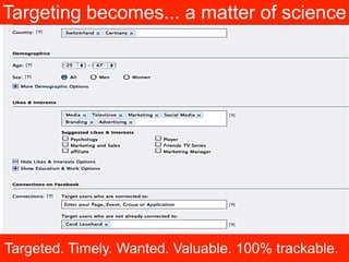 Targeting becomes... a matter of science




Targeted. Timely. Wanted. Valuable. 100% trackable.
                         ...