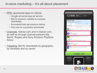 In-store marketing – It’s all about placement PPD:  sponsored apps on GetJar Google ad sense type ad service.  Bid for premium visibility to increase downloads.  Successful bids get premium listing  Pay only for successful downloads Channels : GetJar.com and m.GetJar.com, as well as through channel partners like Sprint, Rogers and Sony Ericsson PlayNow Arena Targeting:  Bid for downloads by geography, by handsets and by carrier m.getjar.com 