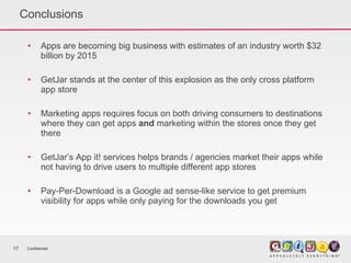 Conclusions Apps are becoming big business with estimates of an industry worth $32 billion by 2015 GetJar stands at the center of this explosion as the only cross platform app store Marketing apps requires focus on both driving consumers to destinations where they can get apps  and  marketing within the stores once they get there GetJar’s App it! services helps brands / agencies market their apps while not having to drive users to multiple different app stores Pay-Per-Download is a Google ad sense-like service to get premium visibility for apps while only paying for the downloads you get Confidential 