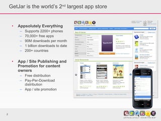 GetJar is the world’s 2 nd  largest app store Appsolutely Everything Supports 2200+ phones 70,000+ free apps  90M downloads per month 1 billion downloads to date 200+ countries App / Site Publishing and Promotion for content owners Free distribution Pay-Per-Download distribution App / site promotion 
