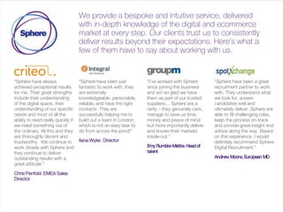 We provide a bespoke and intuitive service, delivered
with in-depth knowledge of the digital and ecommerce
market at every step. Our clients trust us to consistently
deliver results beyond their expectations. Here’s what a
few of them have to say about working with us.
“Sphere have always
achieved exceptional results
for me. Their great strengths
include their understanding
of the digital space, their
understanding of our specific
needs and most of all the
ability to react really quickly if
we need something out of
the ordinary. All this and they
are thoroughly decent and
trustworthy. We continue to
work closely with Sphere and
they continue to deliver
outstanding results with a
great attitude.”
Chris Penfold, EMEASales
Director
“Sphere have been just
fantastic to work with, they
are extremely
knowledgeable, personable,
reliable, and have the right
contacts. They are
successfully helping me to
build out a team in London,
which is not an easy task to
do from across the pond!”
Ilana Wyler, Director
“I’ve worked with Sphere
since joining the business
and am so glad we have
them as part of our trusted
suppliers… Sphere are a
rarity – they genuinely care,
manage to save us time,
money and peace of mind
but more importantly deliver
and knows their markets
inside-out.”
Emy Rumble-Mettle, Headof
Talent
“Sphere have been a great
recruitment partner to work
with. They understand what
we look for, screen
candidates well and
ultimately deliver. Sphere are
able to fill challenging roles,
keep the process on-track
and provide great insight and
advice along the way. Based
on this experience, I would
definitely recommend Sphere
Digital Recruitment.”
Andrew Moore, European MD
 