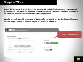 Scope of Work
Initial SEO Technical Analysis Report for website will include finding the top 20 keywords for
your website. The next steps would be to work on those 20 keywords and bring TIMES OOH
on page one, when someone searches for those keywords.
We aim to reach page 50 by the end of 1 month for the top 12 keywords, through blogs and
articles. Page 12-13 by 3 months. Page 1 by the end of 5 months.
Sample Current Ranking
 