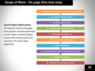 Scope of Work – On page (One time only)
Search Engine Optimization
The website and the web pages
of its projects would be optimized
to rank higher in Search Engine
results when relevant terms are
searched. This will be done
organically.
10. Keyword & Competition research
9. Google XML Sitemap
8. Business listing creation and submission in sites
7. Image Optimization
6. HTML Source code Optimization
5. Optimization of Robot. Txt
4. Title and Meta Tag Optimization
3. Key Phases Optimization
2. Competitive Analysis Report
1. Initial SEO Technical Analysis Report for the Website
 
