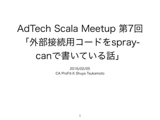 AdTech Scala Meetup 第7回
「外部接続用コードをspray-
canで書いている話」
2016/02/05
CA ProFit-X Shuya Tsukamoto
1
 