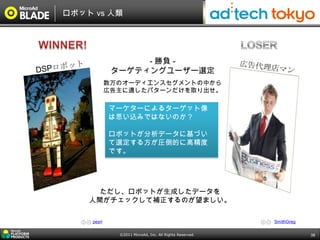 ロボット vs 人類




                   - 勝負 -
              ターゲティングユーザー選定
             数万のオーディエンスセグメントの中から
             広告主に適したパターンだけを取り出せ。

             マーケターによるターゲット像
             は思い込みではないのか？

             ロボットが分析データに基づい
             て選定する方が圧倒的に高精度
             です。




      ただし、ロボットが生成したデータを
    人間がチェックして補正するのが望ましい。

     peyri                                                SmithGreg

               ©2011 MicroAd, Inc. All Rights Reserved.               38
 