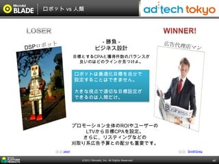 ロボット vs 人類




                          - 勝負 -
                         ビジネス設計
             目標とするCPAと獲得件数のバランスが
               良いのはどのラインか見つけよ。

             ロボットは最適化目標を自分で
             設定することはできません。

             大きな視点で適切な目標設定が
             できるのは人間だけ。




             プロモーション全体のROIやユーザーの
                 LTVから目標CPAを設定。
                さらに、リスティングなどの
             刈取り系広告予算との配分も重要です。
     peyri                                                SmithGreg

               ©2011 MicroAd, Inc. All Rights Reserved.               40
 