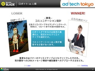 ロボット vs 人類




                   - 勝負 -
               コミュニケーション設計
        広告クリエイティブからランディングページ、
         初回CV、リピートまでの流れを設計せよ。

              ロボットができるのは配信の最
              適化と、設定されたクリエイ
              ティブの選択だけ。

              コミュニケーションは人間が構
              築する必要があります。




  重要なのはバナーのクリエイティブよりもクリックしたその先。
既存顧客へのCRMメッセージ構築や離脱顧客へのアプローチ方法なども。

      peyri                                               SmithGreg

               ©2011 MicroAd, Inc. All Rights Reserved.               41
 