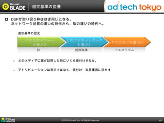 選定基準の変遷


 DSPが取り扱う枠はほぼ同じになる。
  ネットワーク品質の違いの時代から、脳の違いの時代へ。

      選定基準の歴史

        どの広告メニュー        どのアドネットワーク
                                                               どのＤＳＰを選ぶか
          を選ぶか             を選ぶか
           枠                      提携媒体                          アルゴリズム


  –   どのメディアに誰が訪問した時にいくら値付けするか。

  –   アトリビューションは測定ではなく、値付け・知見獲得に活かす




                    ©2011 MicroAd, Inc. All Rights Reserved.               45
 