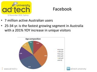 www.ad-tech.com/uni @adtechANZ #atuni ad:tech university
10 November 2010, Sydney
Facebook
• 7 million active Australian u...