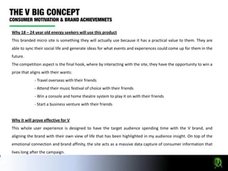 Why 18 – 24 year old energy seekers will use this product
This branded micro site is something they will actually use because it has a practical value to them. They are
able to sync their social life and generate ideas for what events and experiences could come up for them in the
future.
The competition aspect is the final hook, where by interacting with the site, they have the opportunity to win a
prize that aligns with their wants:
             - Travel overseas with their friends
             - Attend their music festival of choice with their friends
             - Win a console and home theatre system to play it on with their friends
             - Start a business venture with their friends


Why it will prove effective for V
This whole user experience is designed to have the target audience spending time with the V brand, and
aligning the brand with their own view of life that has been highlighted in my audience insight. On top of the
emotional connection and brand affinity, the site acts as a massive data capture of consumer information that
lives long after the campaign.
 
